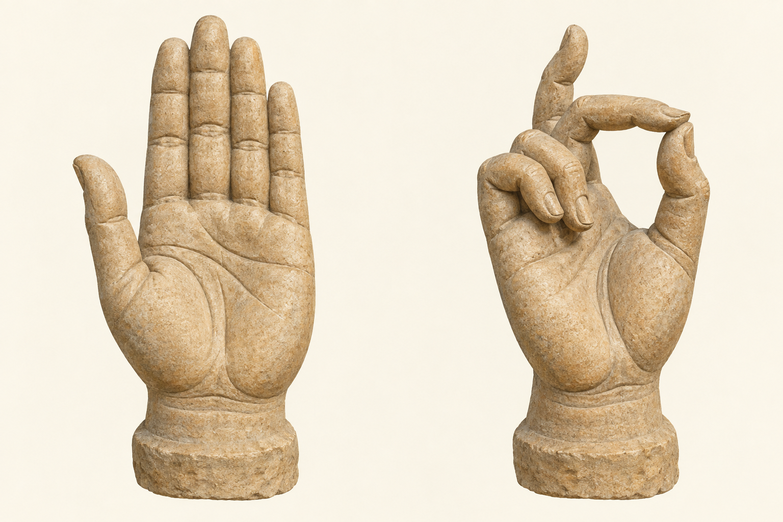 Side-by-side study of an open carved palm and a carved hand with thumb and forefinger arranged as a controlled grip.