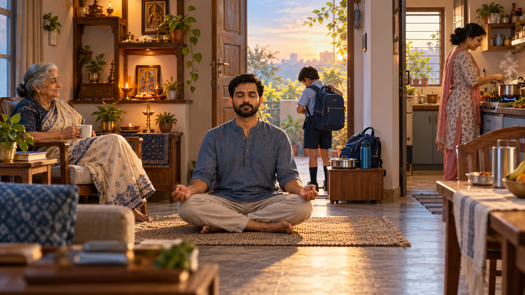 An adult meditates on a woven mat at dawn while breakfast, a school bag, a spouse and an elderly family member show the responsibilities of household life.