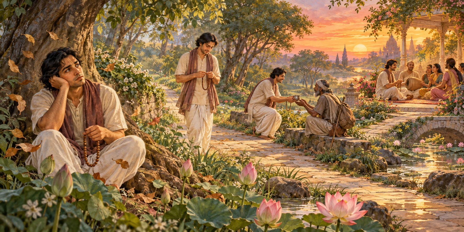 A garden path shows a person progressing from distracted chanting to attentive prayer, service and devotional fellowship.