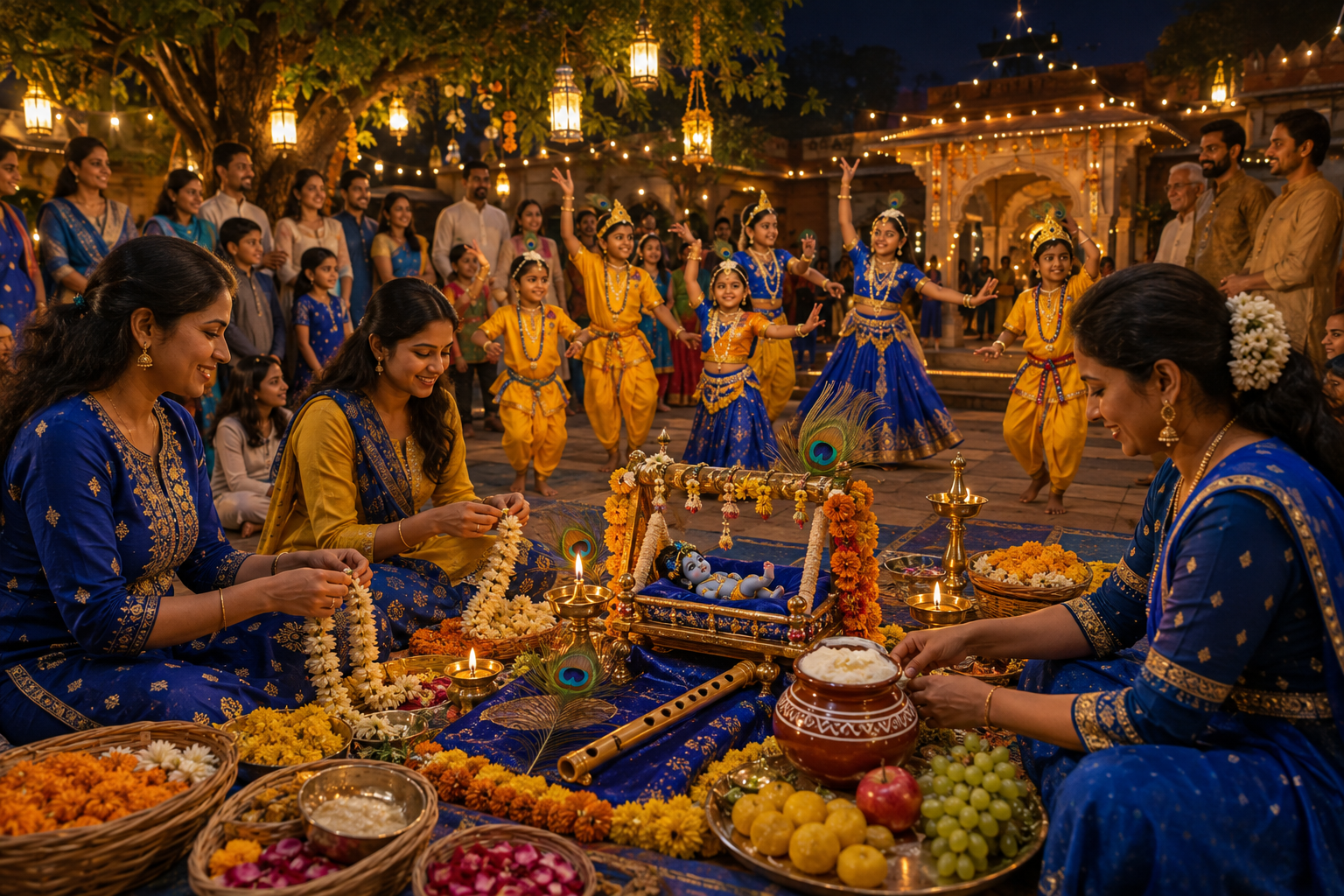Visitors watch children perform and volunteers prepare garlands beside a Krishna cradle and devotional objects at a public Janmashtami program.