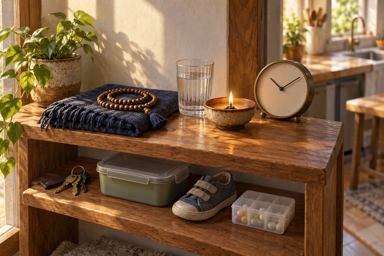 A meditation cloth, prayer beads, water and an oil lamp share a shelf with house keys, a lunch container, a child's shoe and a medicine organizer.