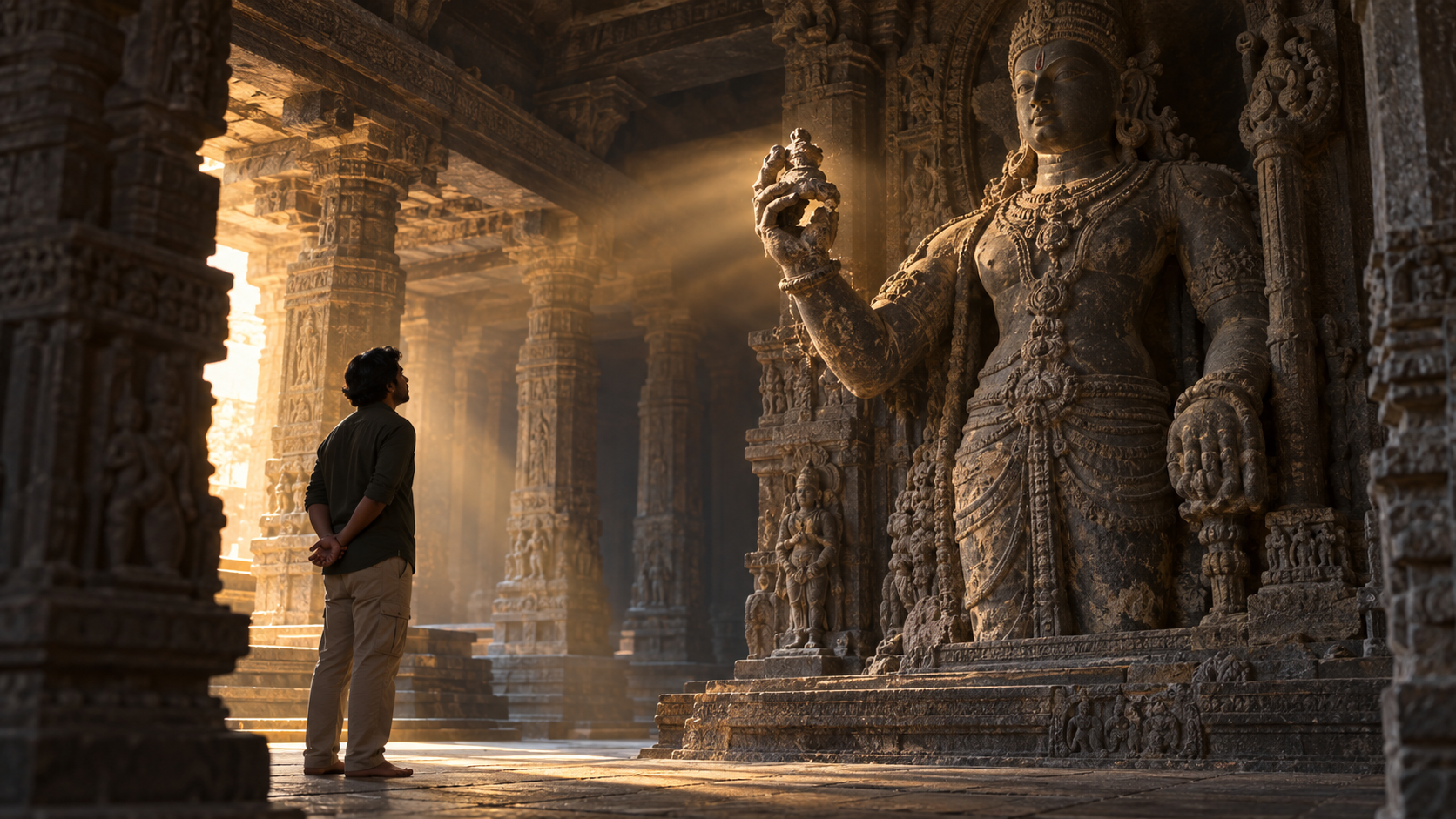A visitor carefully observes the curled hand and damaged attribute of a stone murti inside a pillared temple hall.