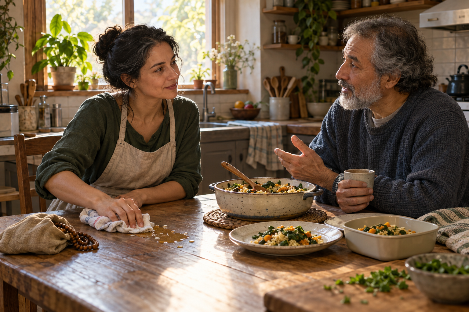 A calm person listens to a family member while cleaning a kitchen spill and setting aside a portion of food for someone else.