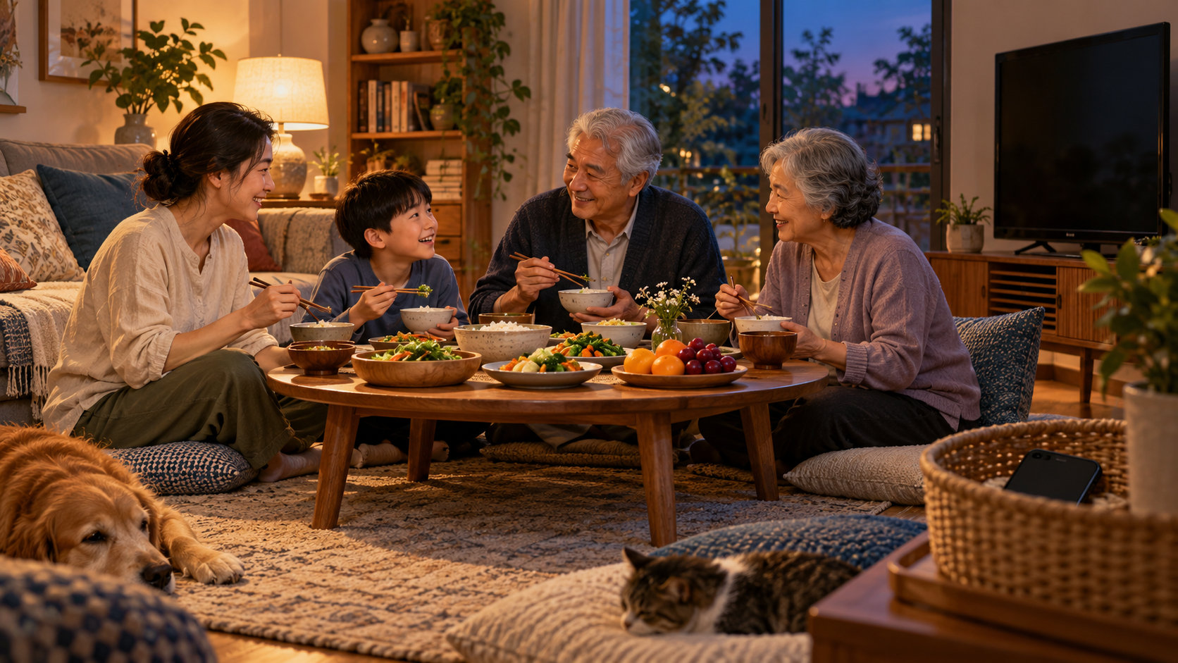 Three generations share a simple evening meal in a comfortable room with the television off and a smartphone set aside in a woven basket.