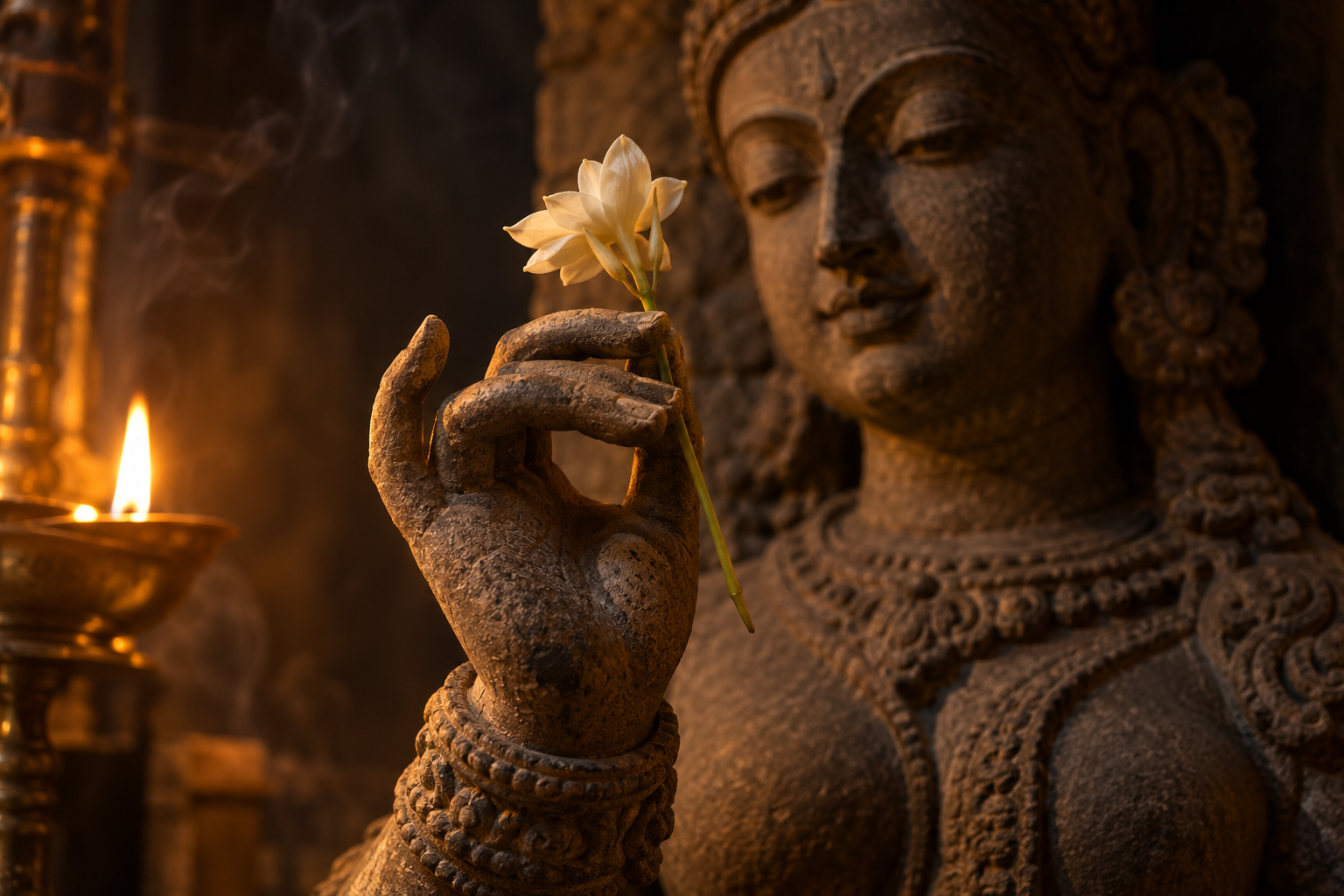A flower-holding hand on an aged stone murti illuminated by warm lamplight in a quiet devotional setting.