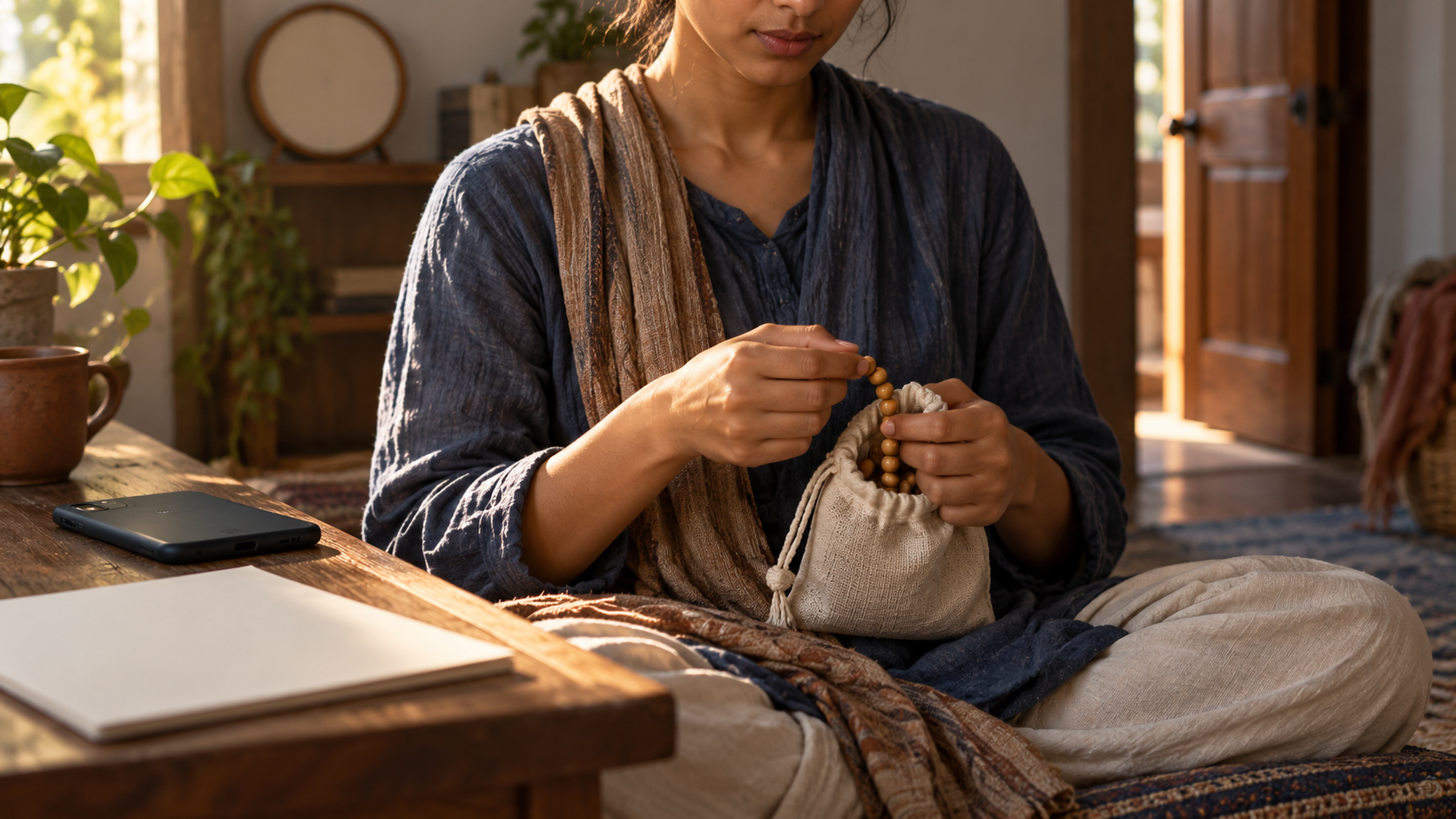 Hands move prayer beads inside a cloth bead bag while a face-down phone and unfinished household items sit out of focus nearby.