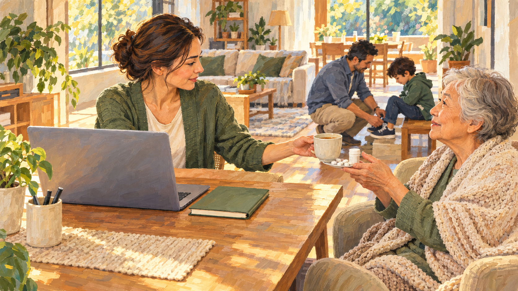An adult turns from a tidy home workspace to offer tea and medicine to an elderly relative while other family members help one another nearby.