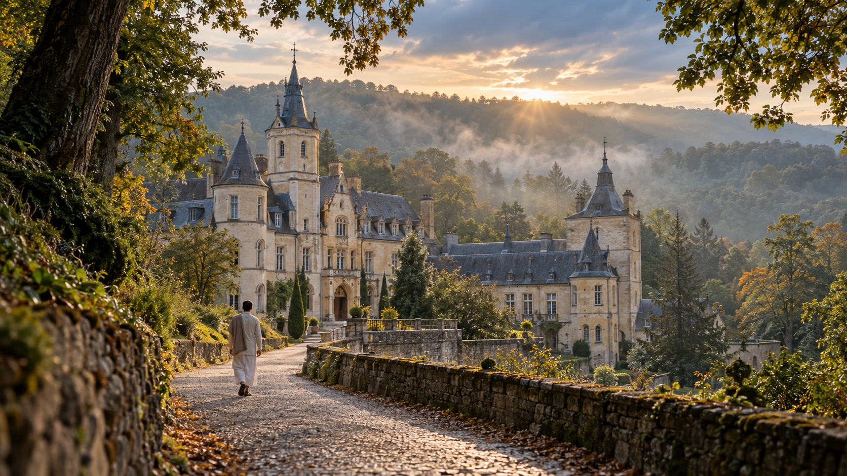 A lone pilgrim approaches the chateau at Radhadesh through the wooded Belgian Ardennes at dawn.