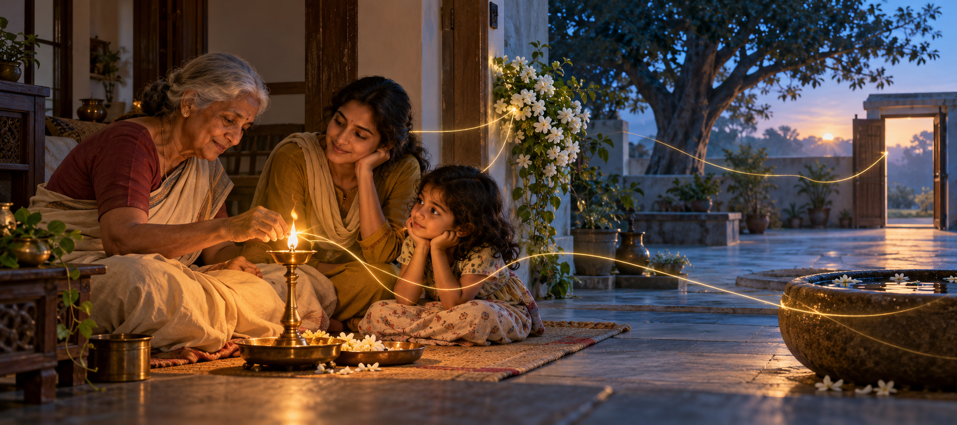 Three generations gather around a brass oil lamp in a home courtyard while subtle glowing threads connect the lamp to objects and gestures around them.