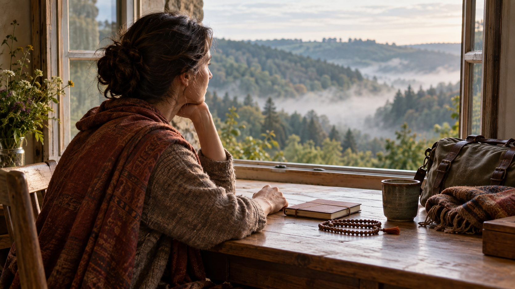 A pilgrim reflects beside a closed notebook and meditation beads before beginning the visit.