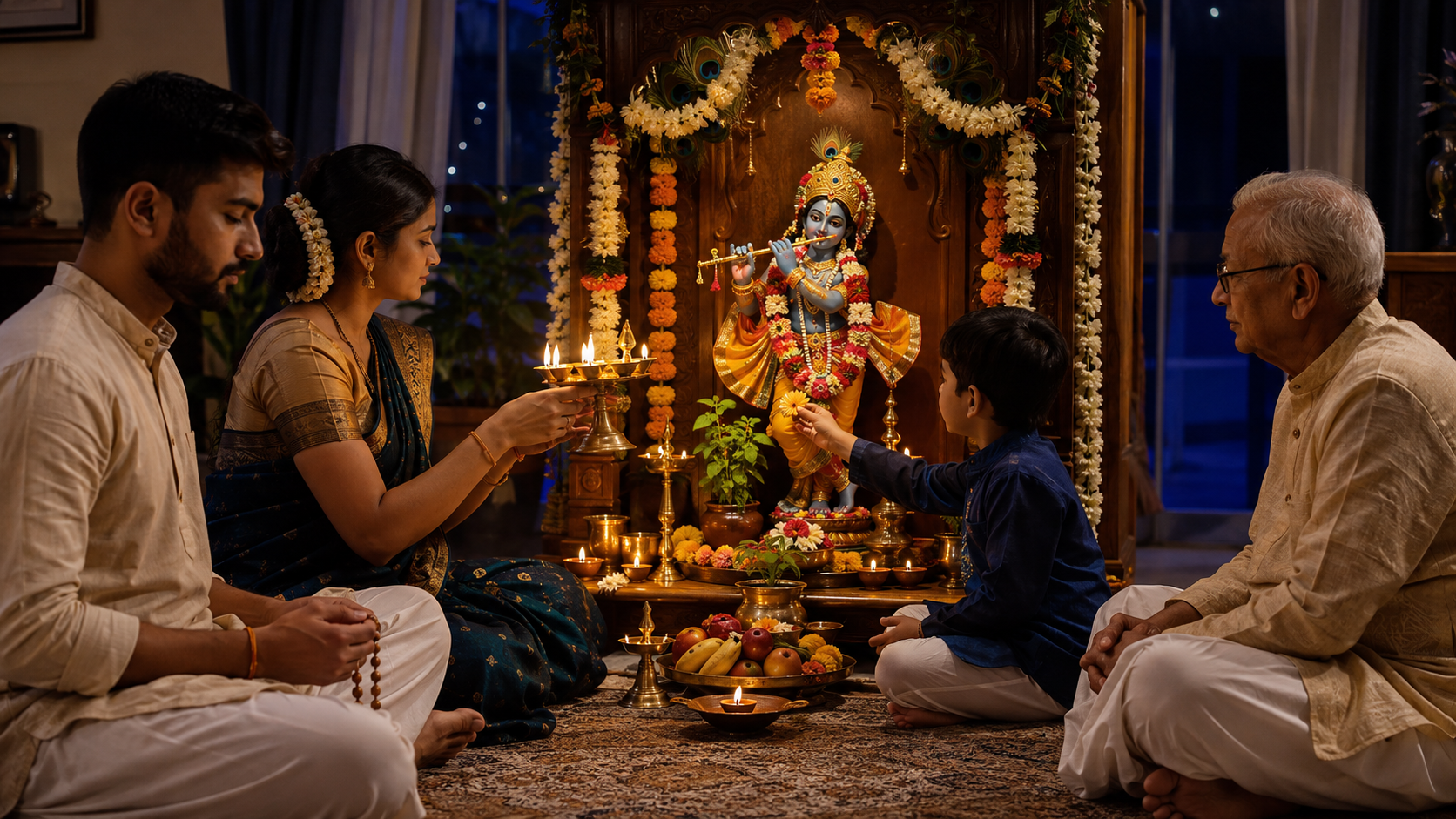 A multigenerational family chants, offers a lamp and places flowers before a Krishna shrine during a home Janmashtami observance.