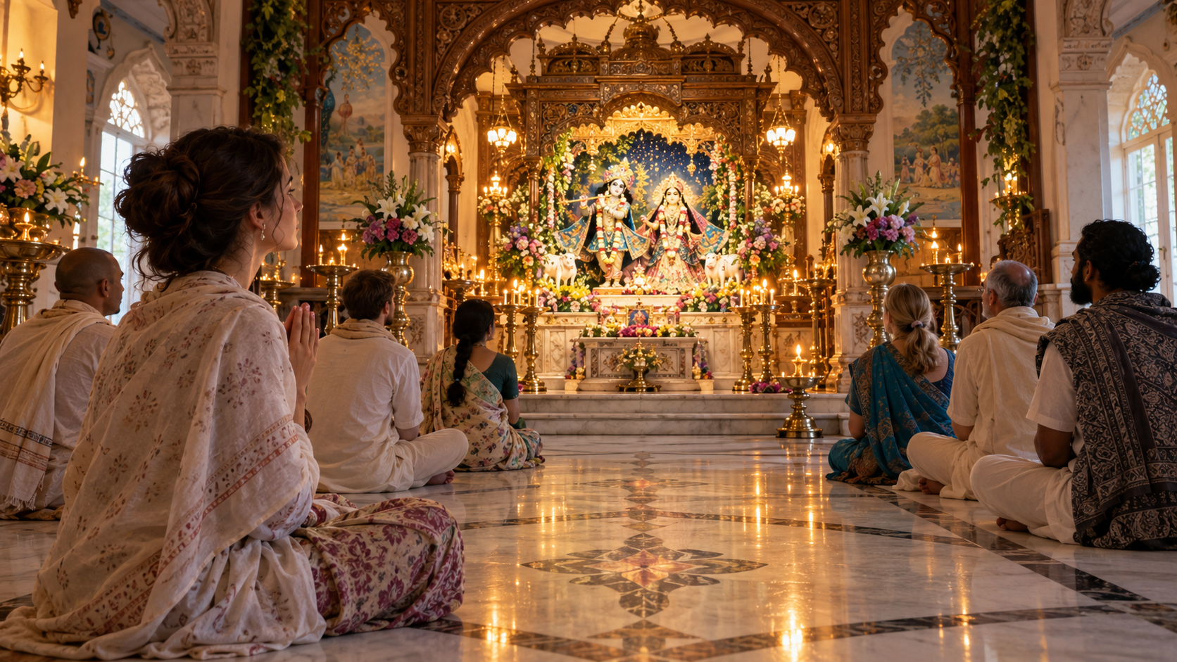 Visitors sit quietly with joined hands before the decorated altar in the Radhadesh temple room.