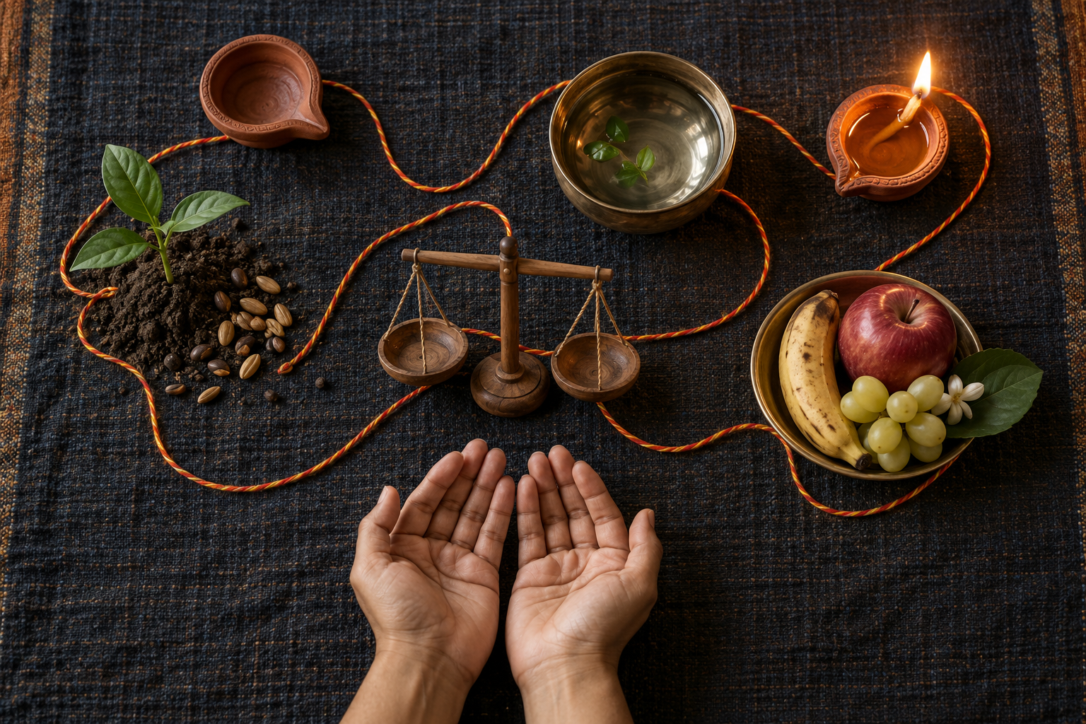 A cotton thread connects lamps, seeds, a green shoot, a wooden balance, fruit, water, and open hands arranged on dark cloth.