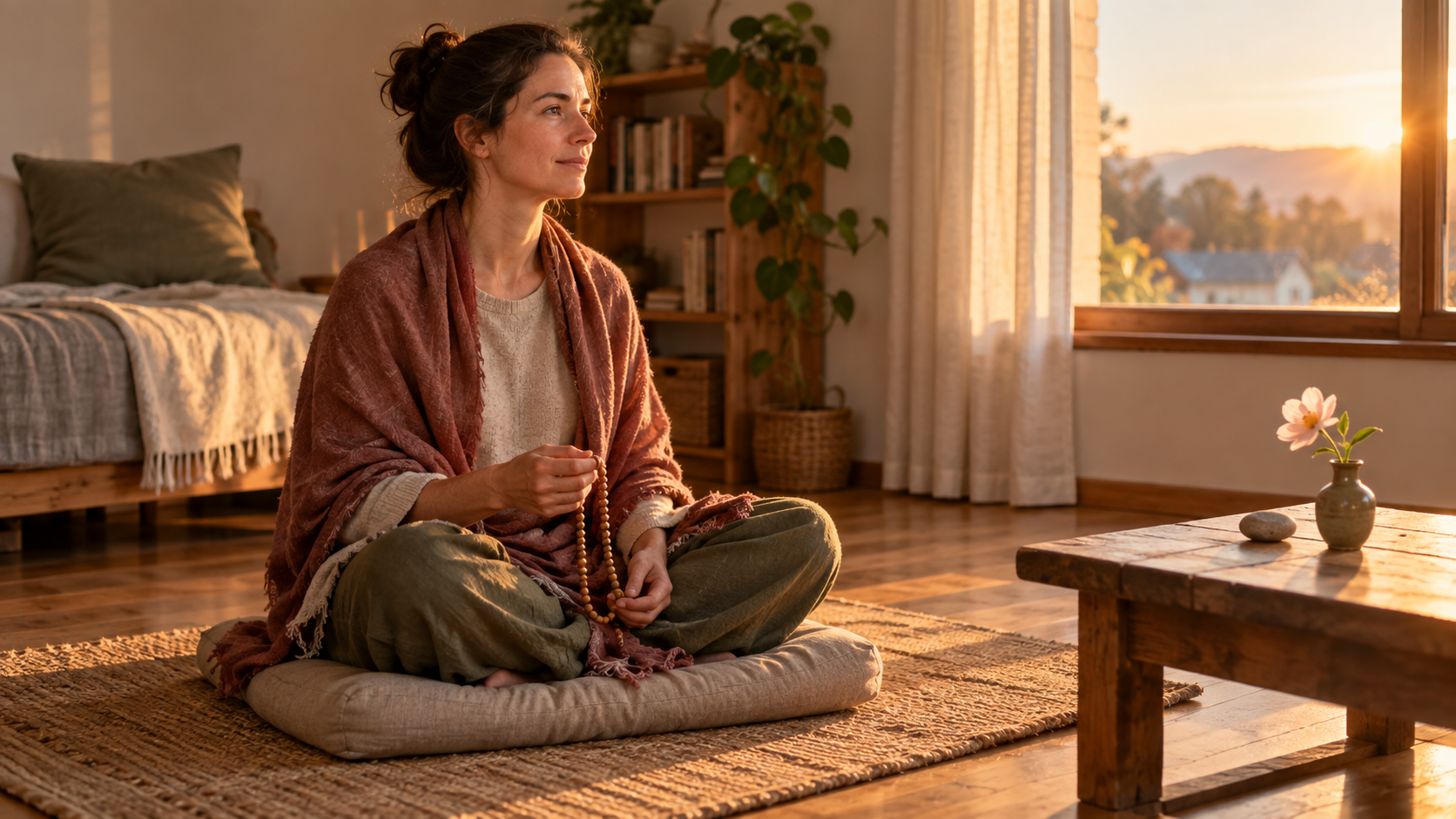 A returned pilgrim practices meditation with wooden beads in a quiet room at home.