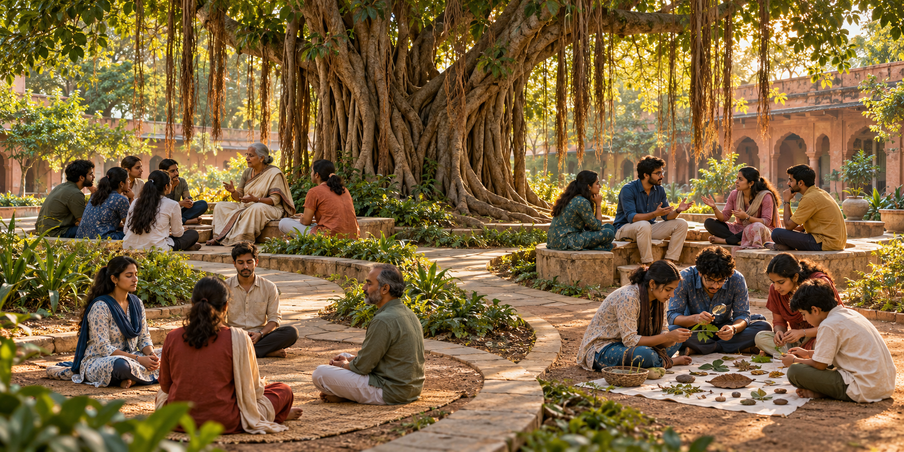 Several groups study, debate, contemplate, and examine objects along separate paths beneath a large banyan tree.