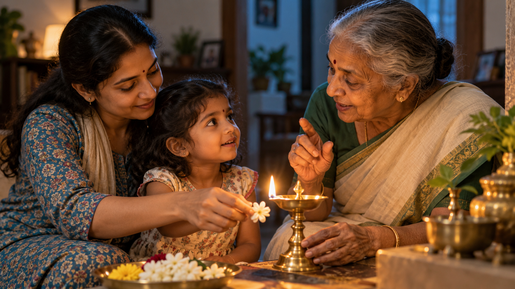 An elder and parent guide a child through evening lamp-lighting and the placement of a flower in a family home.