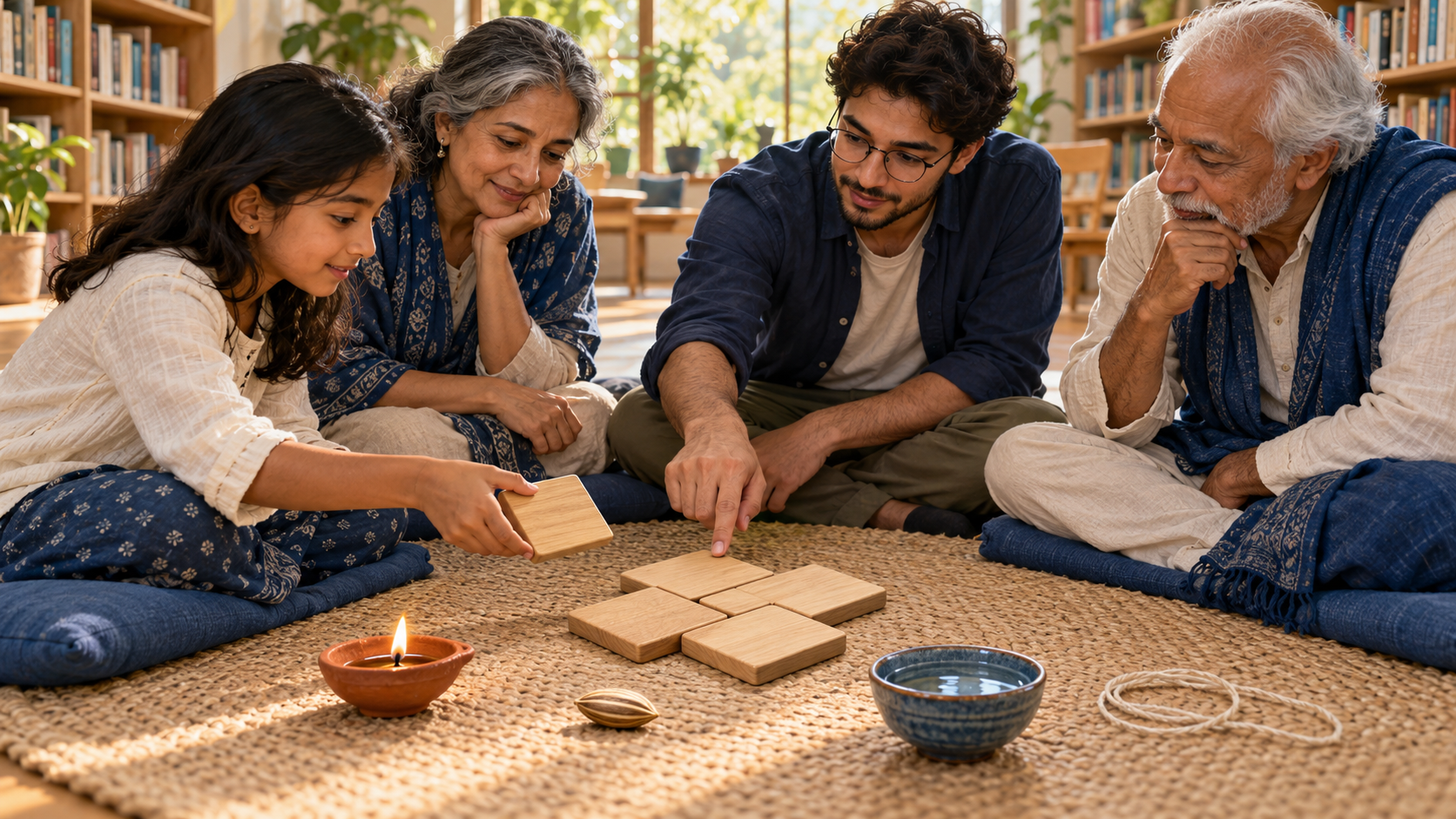 An intergenerational study circle fits plain wooden pieces into an interlocking pattern beside a lamp, seed, water bowl, and thread.