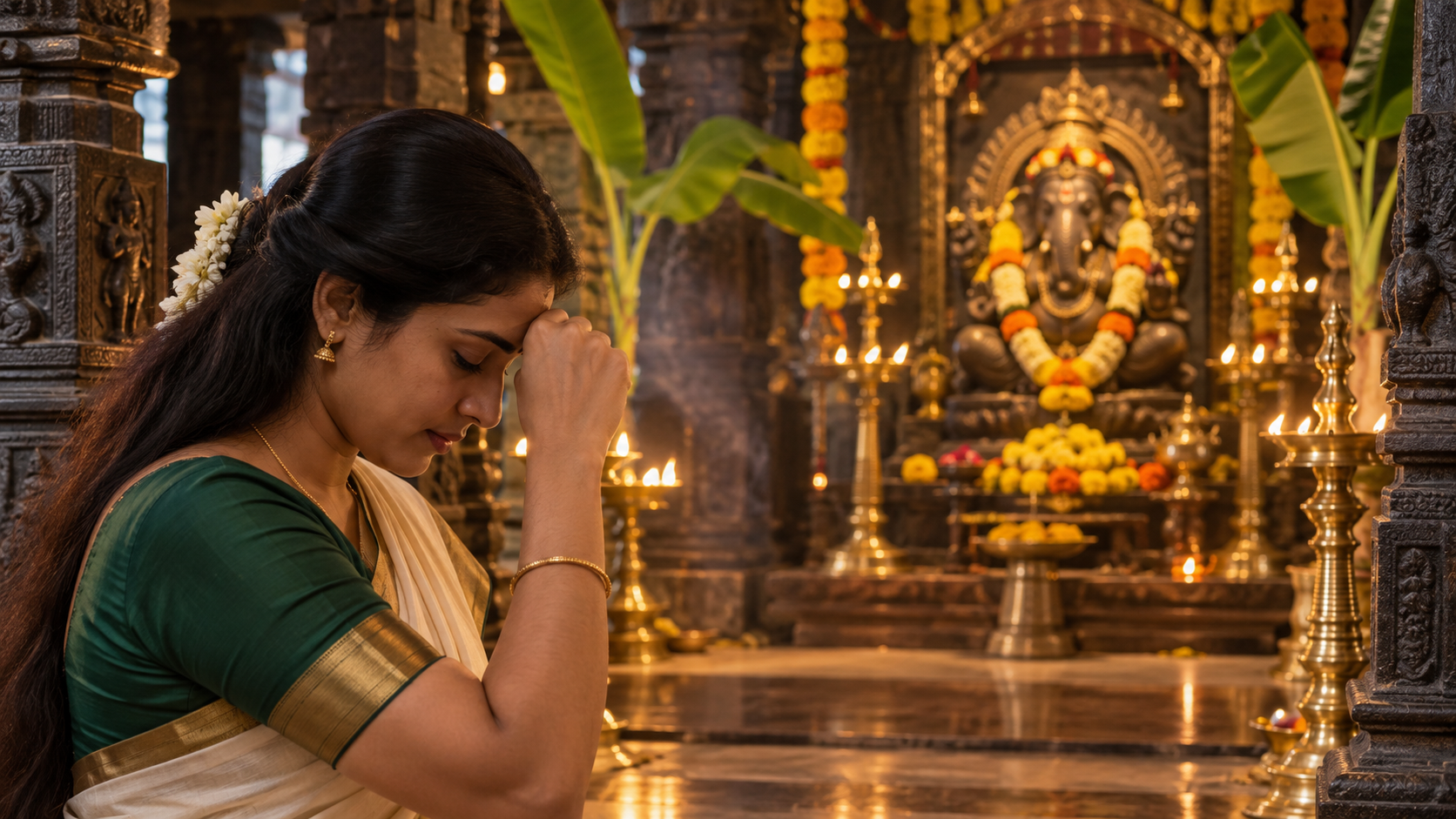 A devotee gently touches their knuckles to their forehead before an illuminated Ganapathi shrine in a South Indian temple.