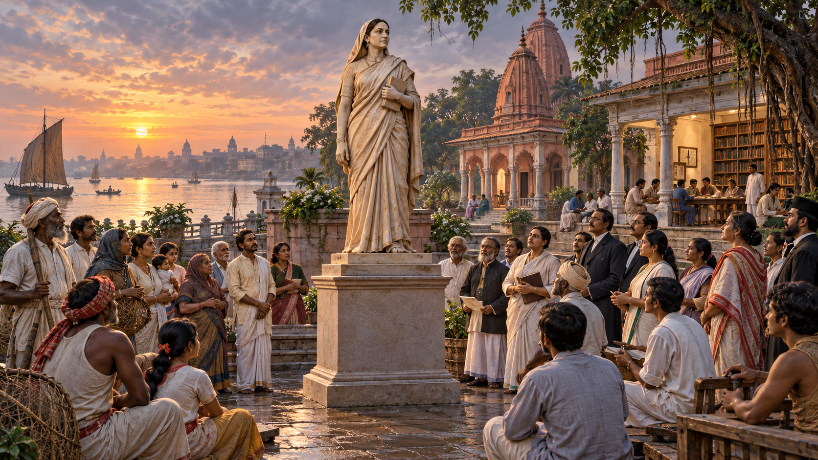 A symbolic memorial to a nineteenth-century Bengali woman leader overlooks a diverse public gathering beside the Hooghly River, with a temple courtyard and community buildings in the background.