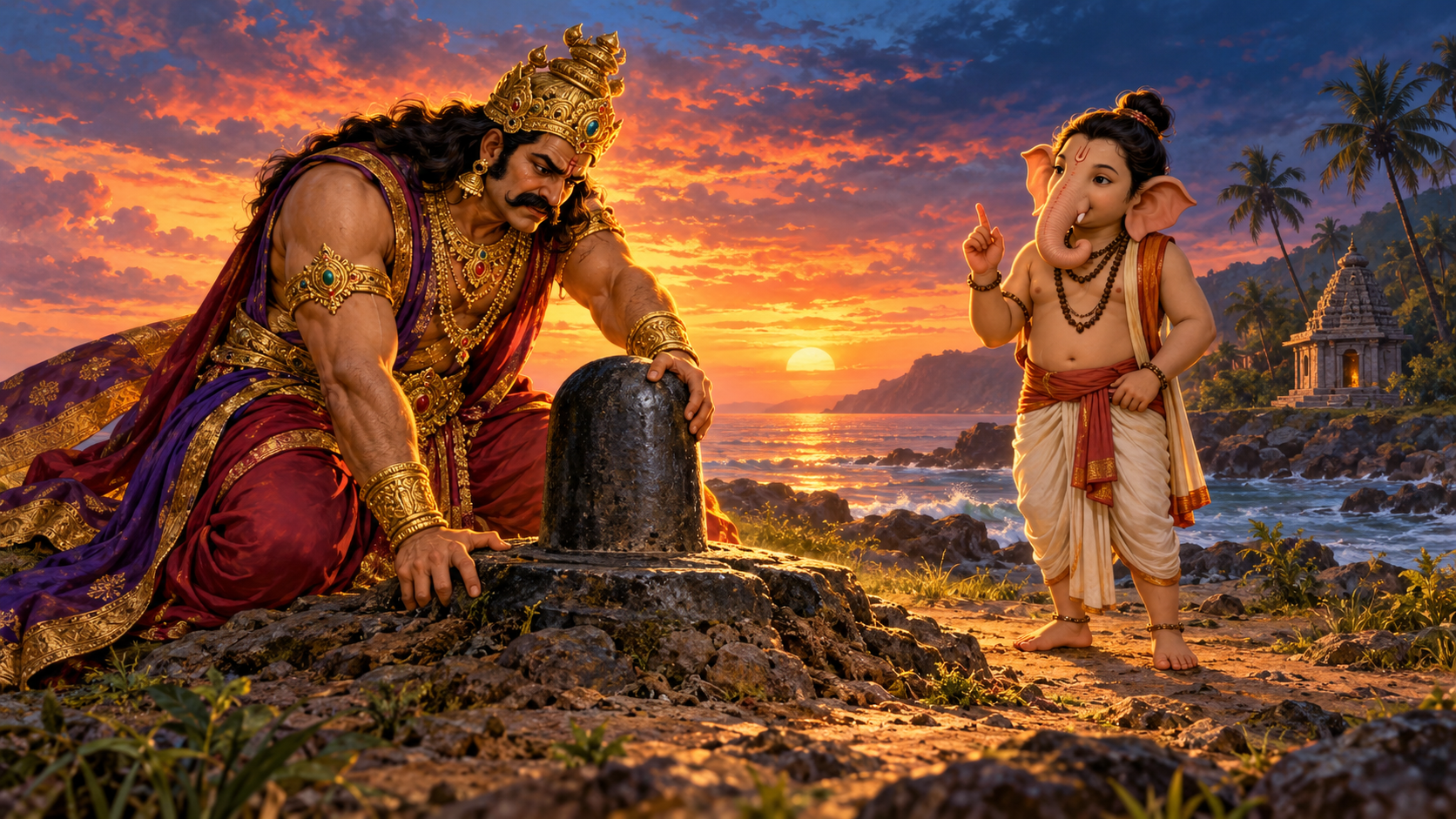 Ravana kneels beside the rooted Atma Linga while Ganesha stands calmly nearby in a coastal mythological scene.