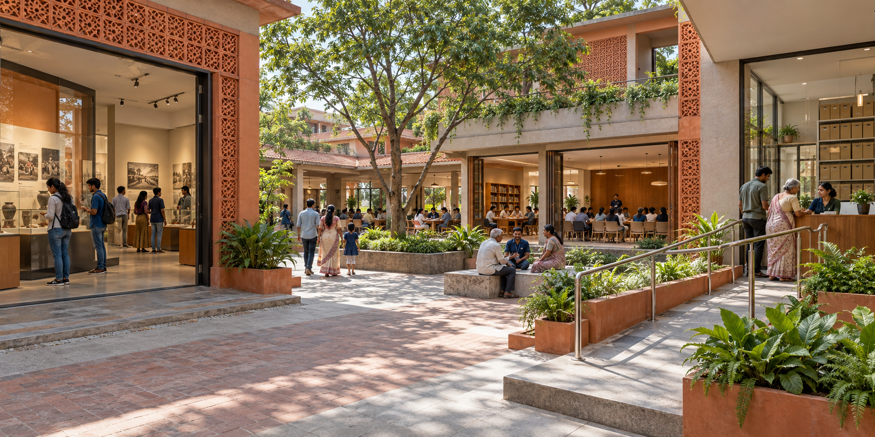 A conceptual Bengali memorial complex includes a museum, reading room, meeting hall, garden and accessible courtyard used by students, elders and families.