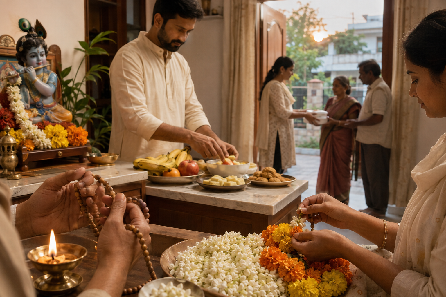 Devotees chant with prayer beads, prepare flowers and food offerings, and arrange meals for service near a Krishna shrine.