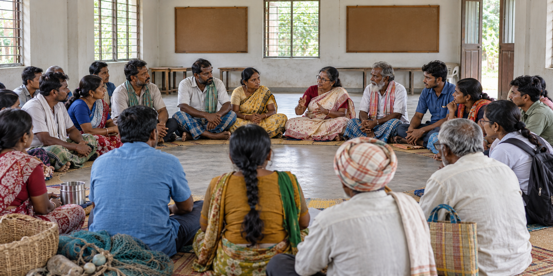 Bengali community delegates from varied occupations sit in a circle and listen to one another during an inclusive public meeting.