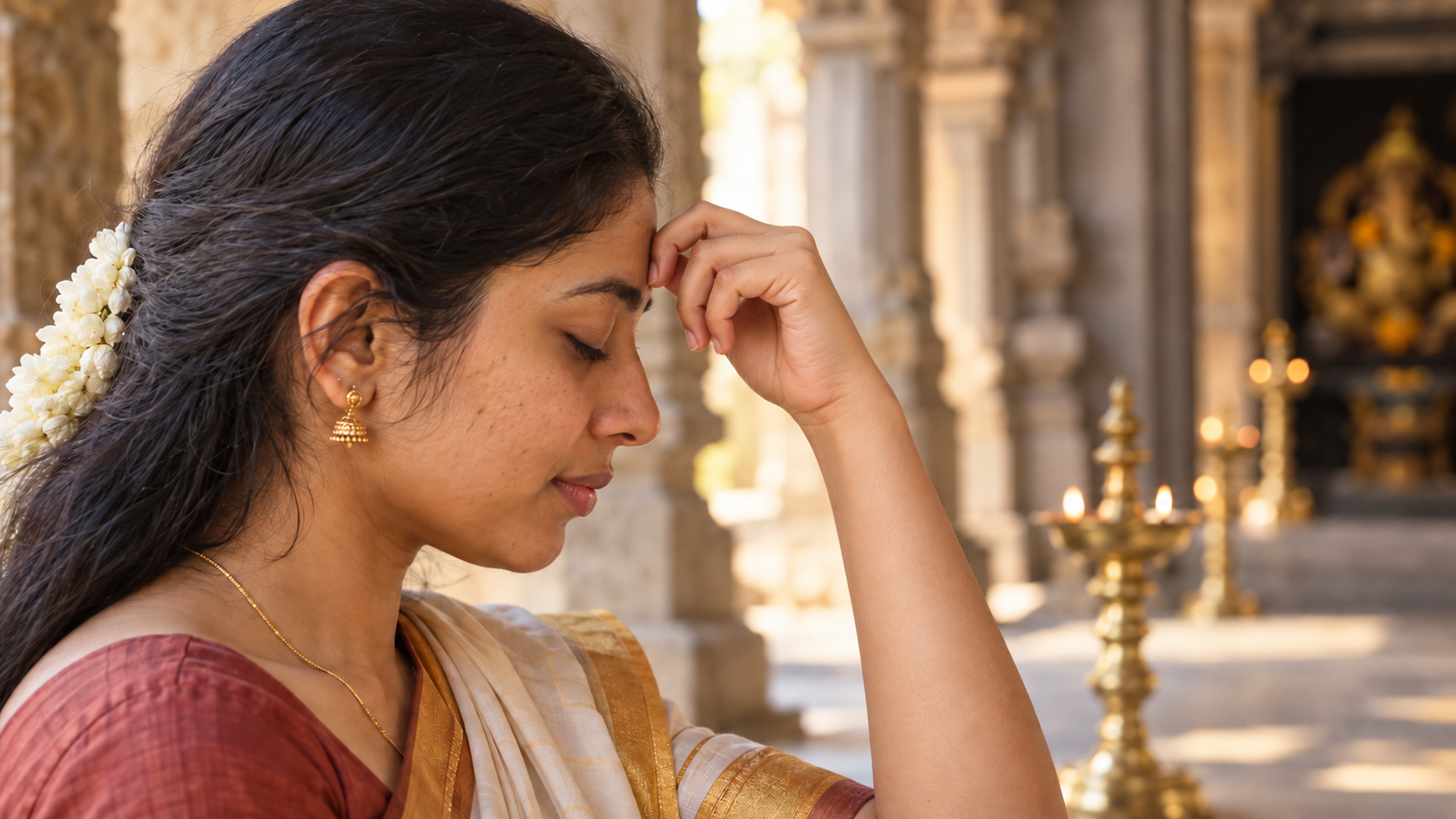 Side view of a devotee using relaxed knuckles to make a gentle tap at the forehead in a temple corridor.