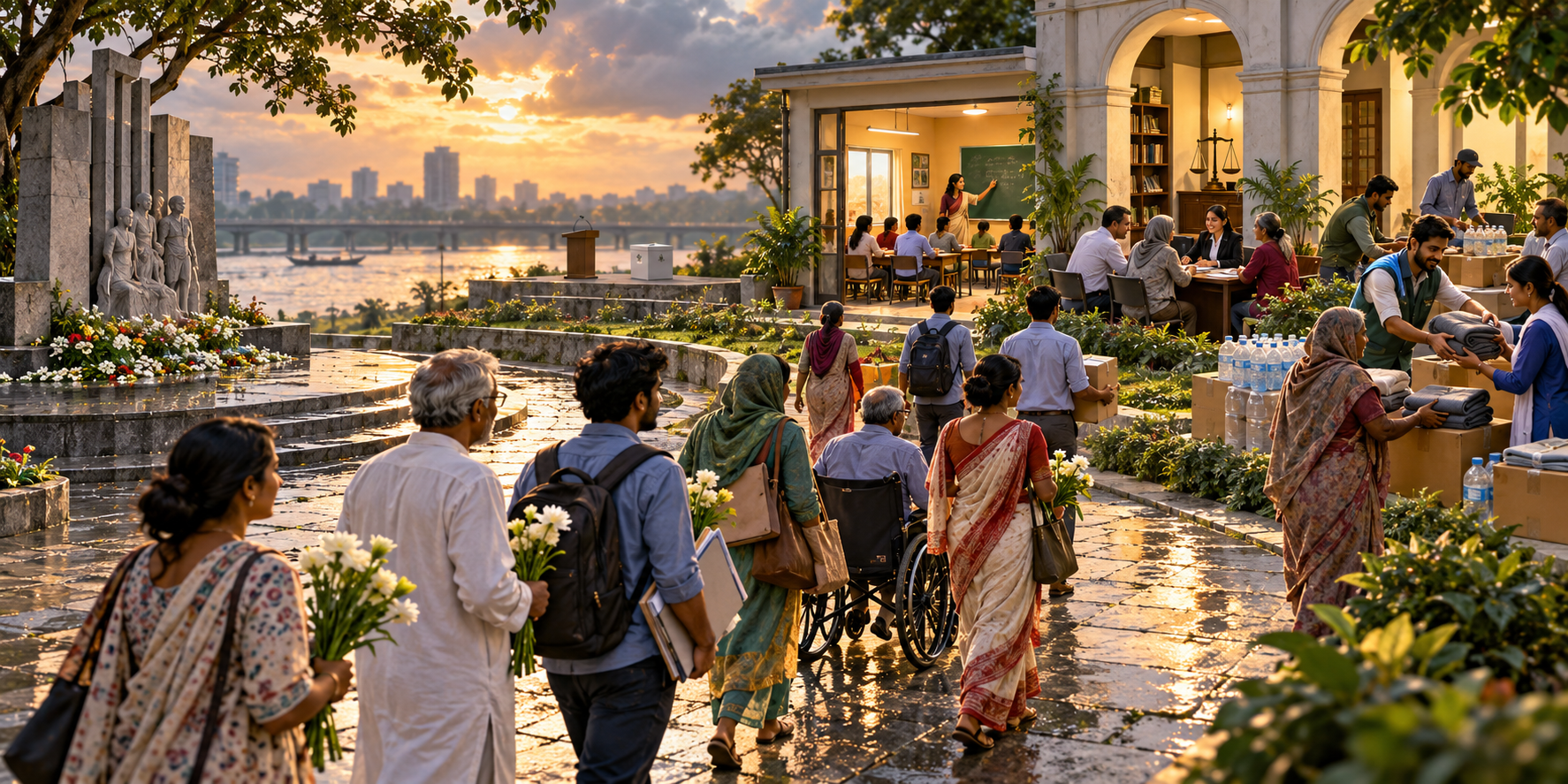 Citizens carrying flowers, folders and supplies walk from a memorial courtyard toward spaces for education, public consultation and community service, while an unmarked ballot box remains in the distance.