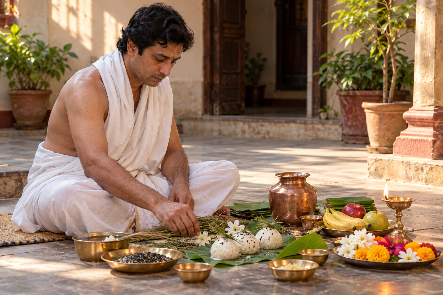 A householder seated before rice offerings, darbha grass, sesame seeds, copper vessels, fruit, flowers, and an oil lamp in a quiet courtyard.