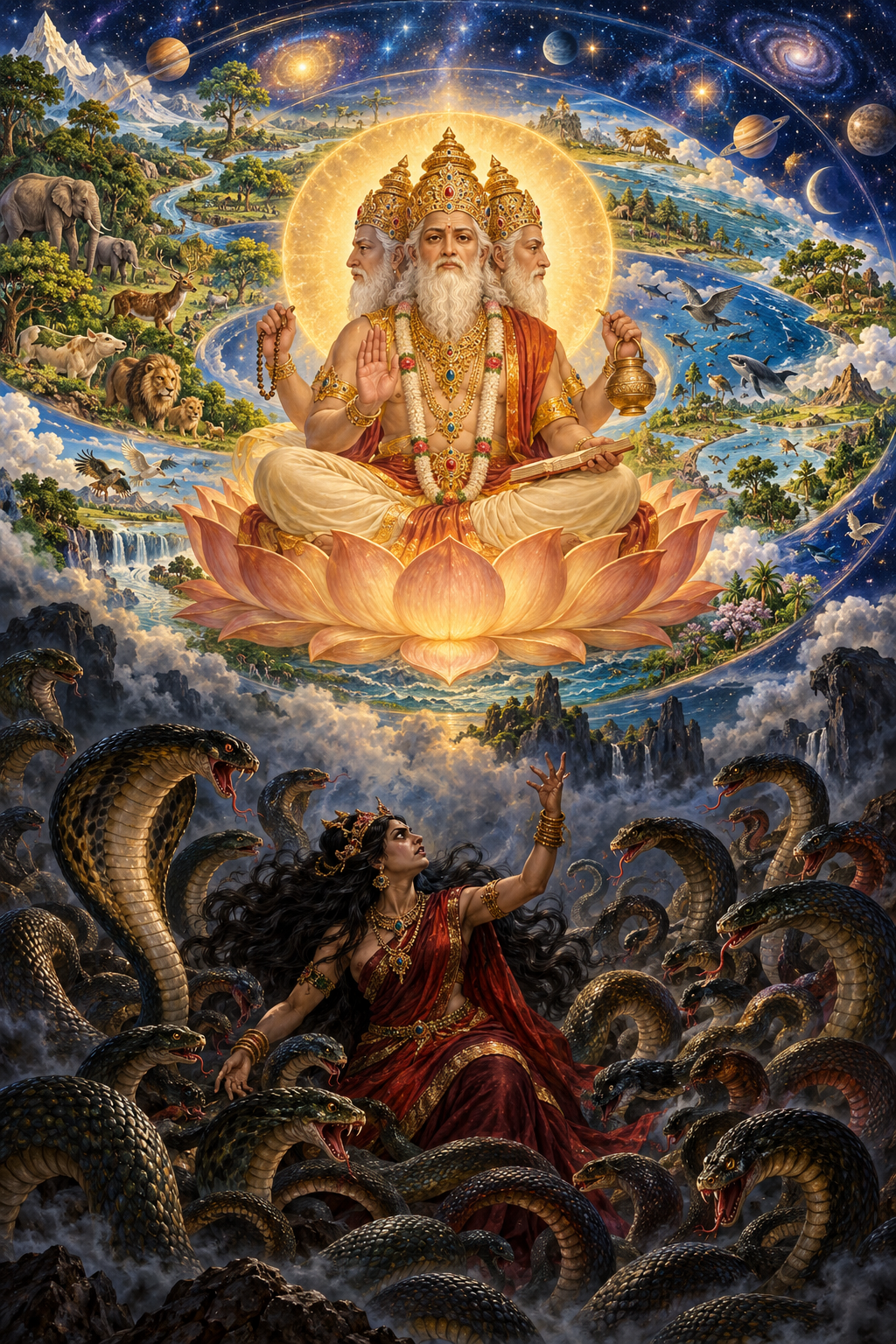 Brahma sits on a luminous lotus above Kadru and a mass of serpents, surrounded by plants, animals, rivers and stars symbolizing creation.