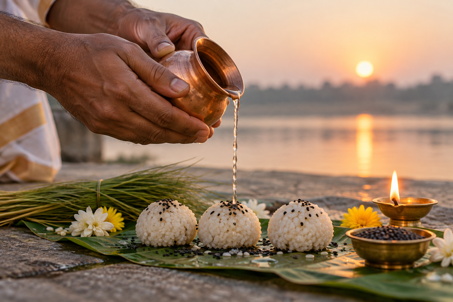 Hands pour water from a copper vessel beside rice pindas, darbha grass, sesame seeds, flowers, and an oil lamp.