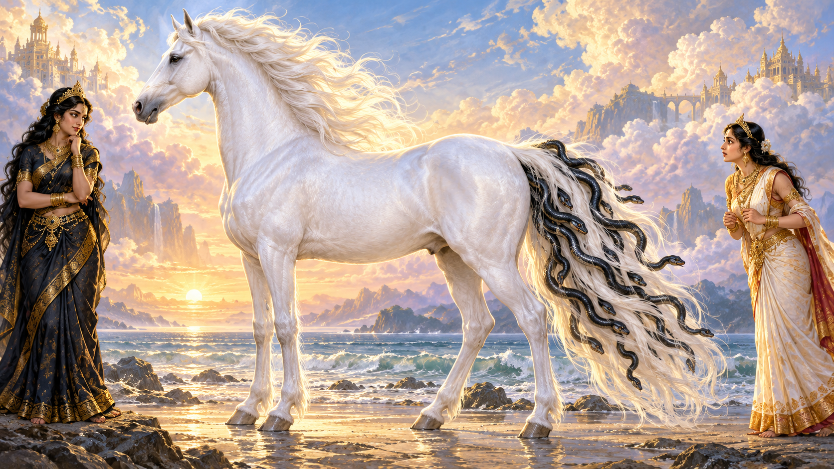 Kadru and Vinata stand on opposite sides of the white celestial horse Uchchaihshravas as dark serpents hide within its tail.