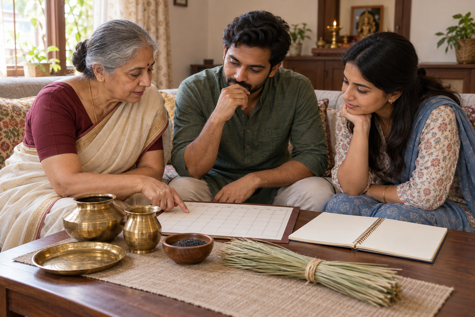 An older relative and two younger adults discuss family ritual items arranged on a low table.