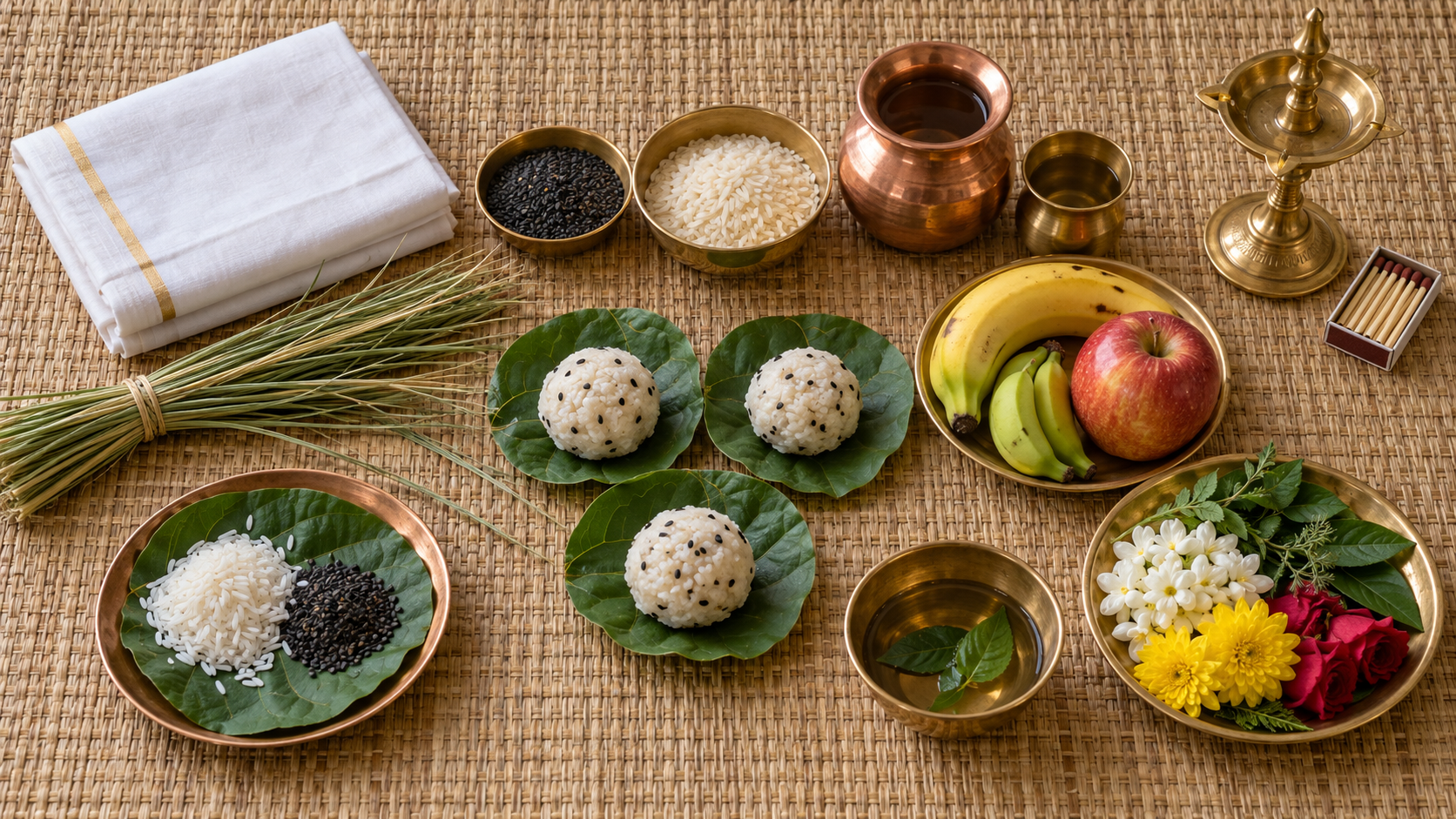 Ritual materials including white cloth, darbha grass, sesame, rice offerings, vessels, fruit, flowers, and a lamp are arranged in orderly groups.