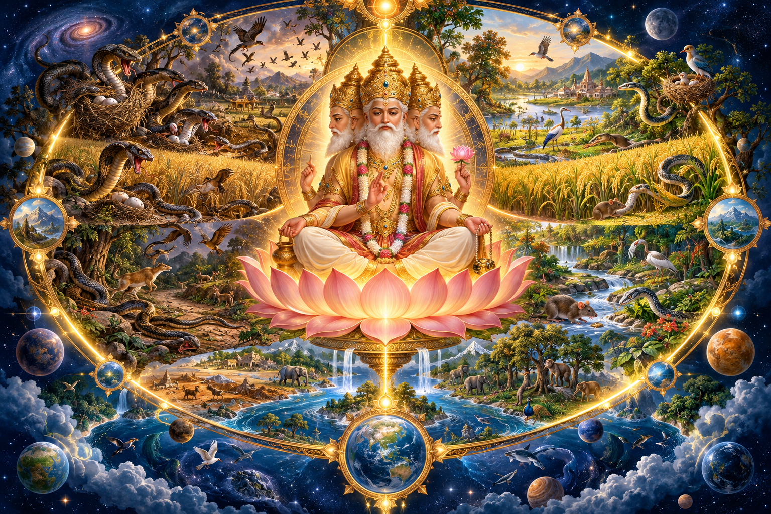 Four-faced Brahma meditates above contrasting scenes of destructive serpents and peaceful snakes living within a balanced ecosystem.