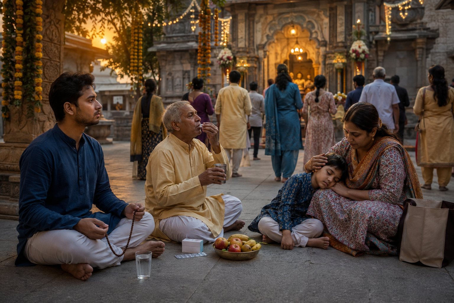 Devotees with different health and family needs participate in Janmashtami near a temple, including one person fasting and an older adult taking medicine with fruit.