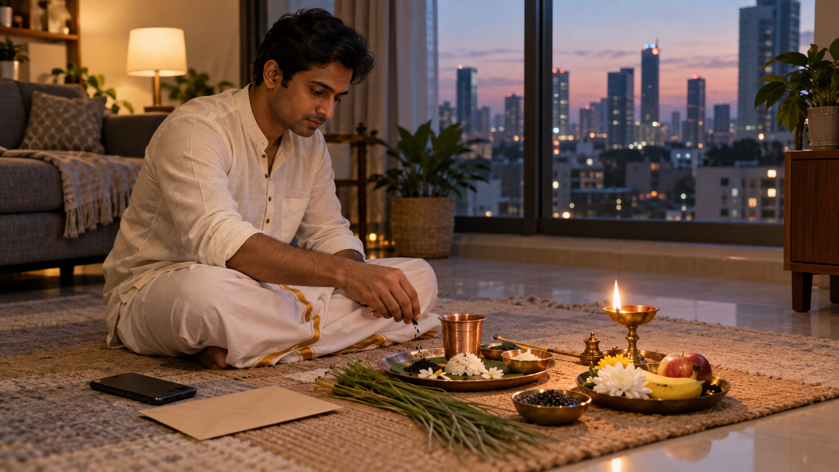 A person in an apartment sits beside a simple ancestor offering arrangement as an urban skyline appears through the window.