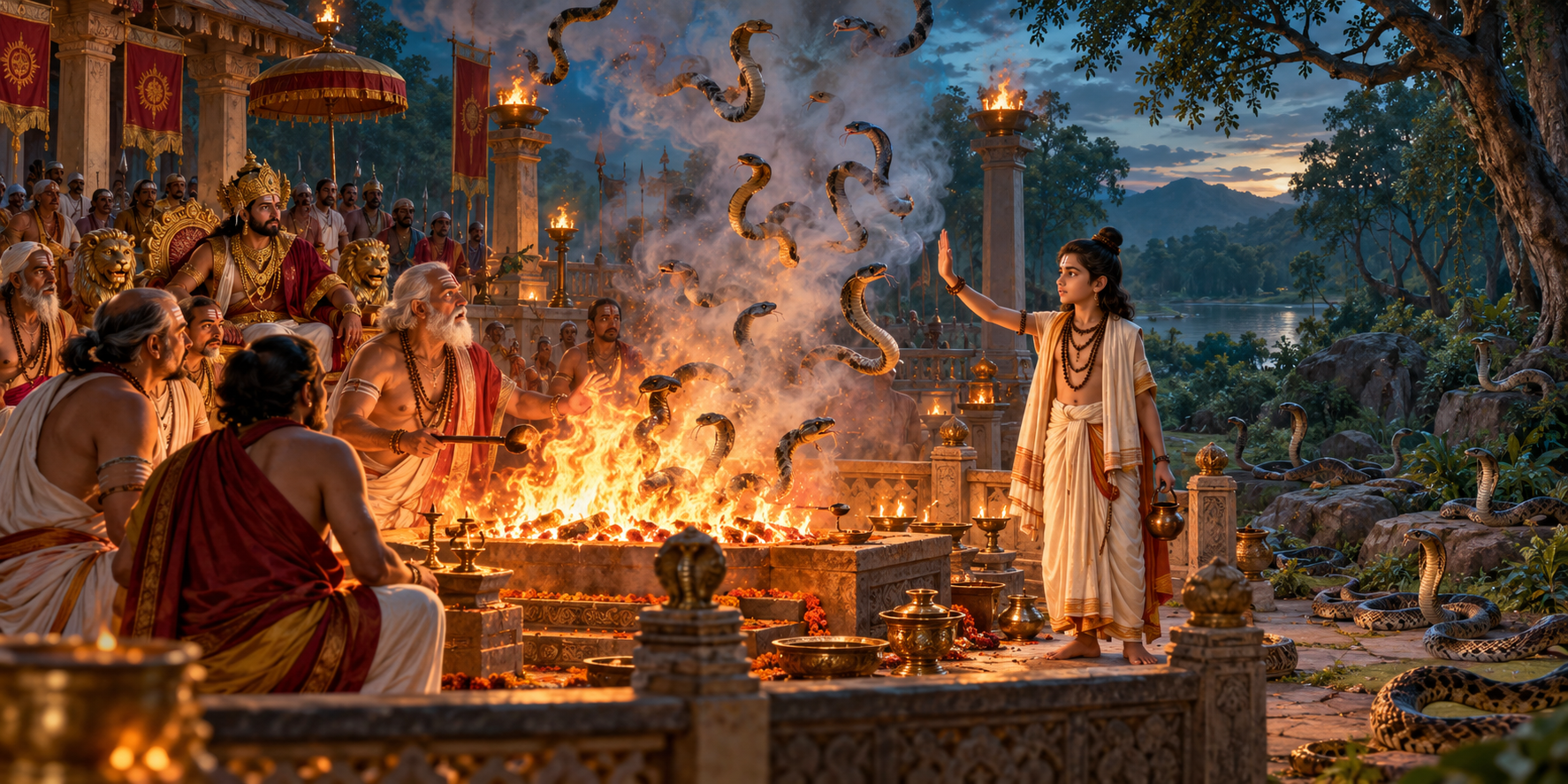 Astika raises his hand to stop the royal snake sacrifice while some serpents hover near the fire and others survive beyond the ritual enclosure.