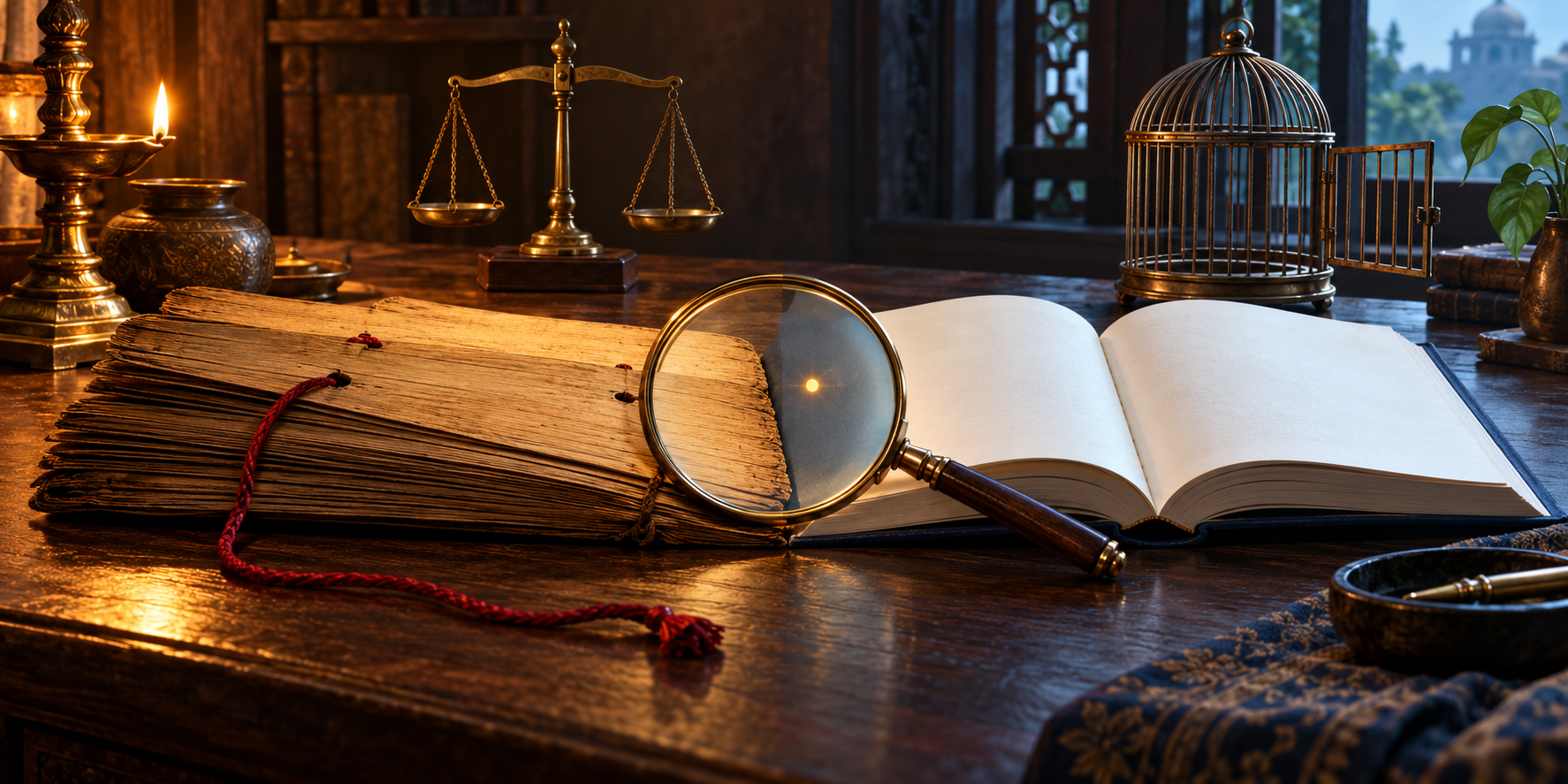 An open palm-leaf manuscript and a modern book lie beneath a magnifying lens, surrounded by a balance scale, a red cord, and an open birdcage.