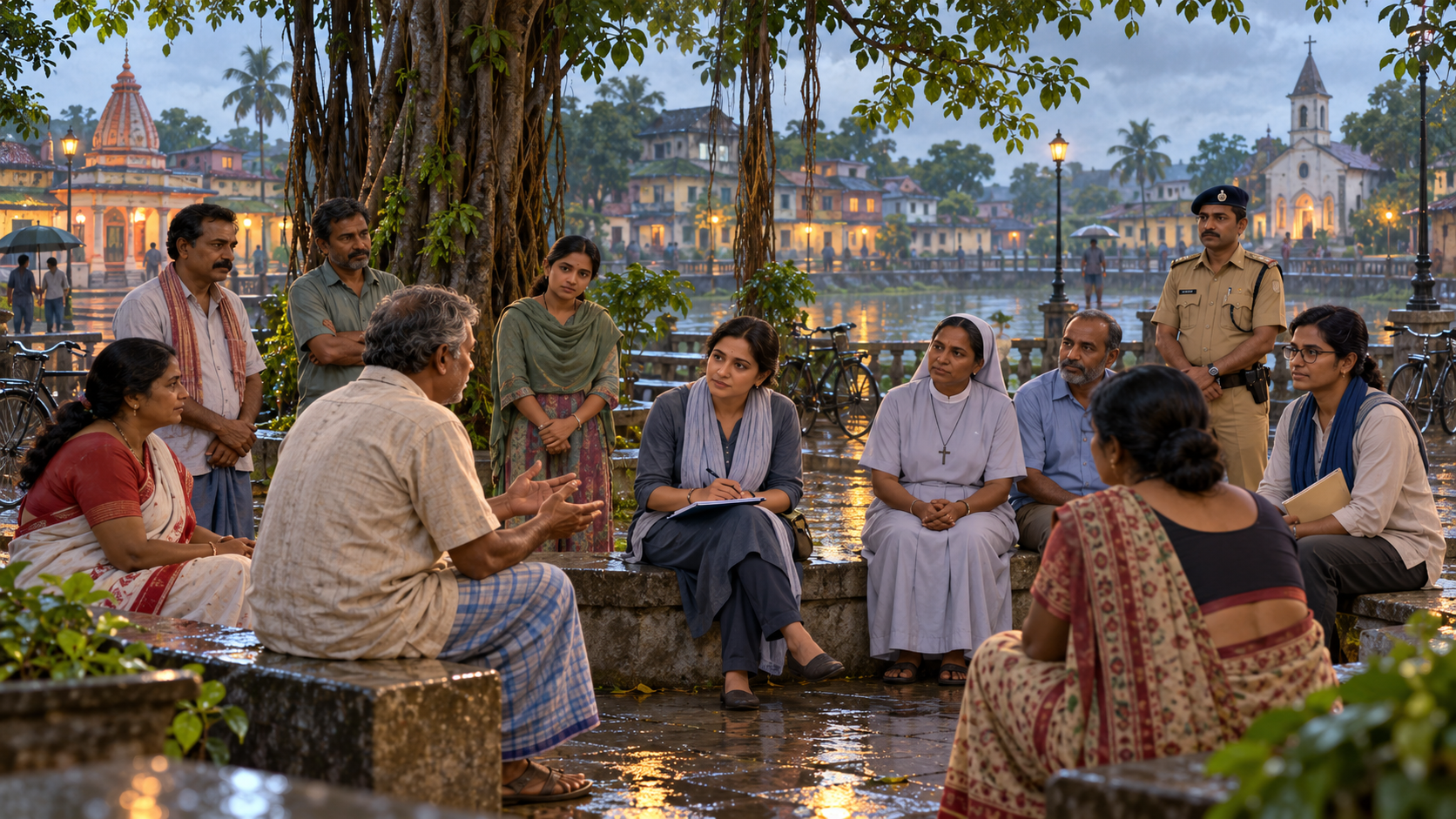 Residents and a civic mediator gather around a seated adult in a rain-washed Bengali town square, with a temple and church in the background.