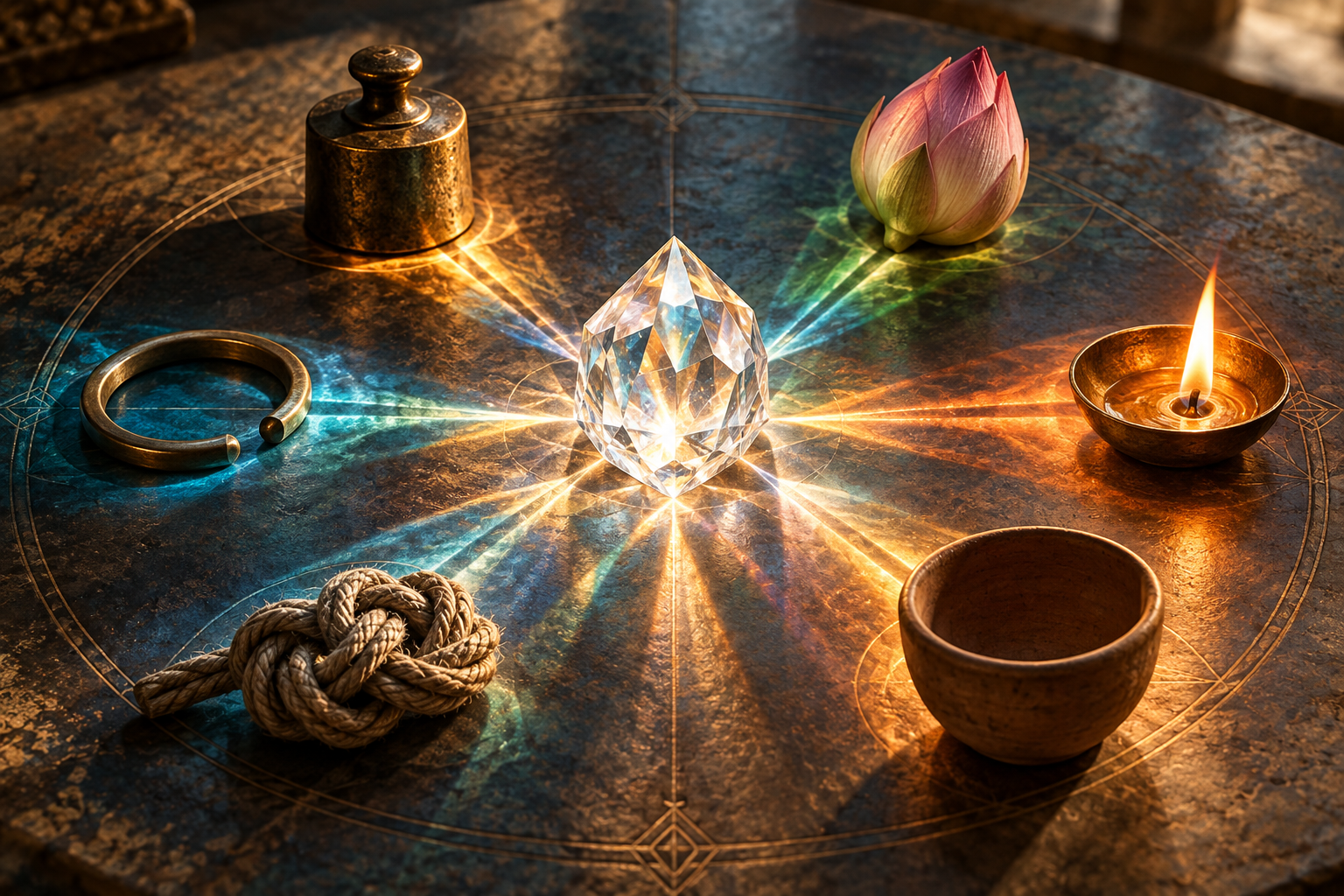 A central crystal casts changing colored light and shadows across six symbolic objects arranged in a circle.