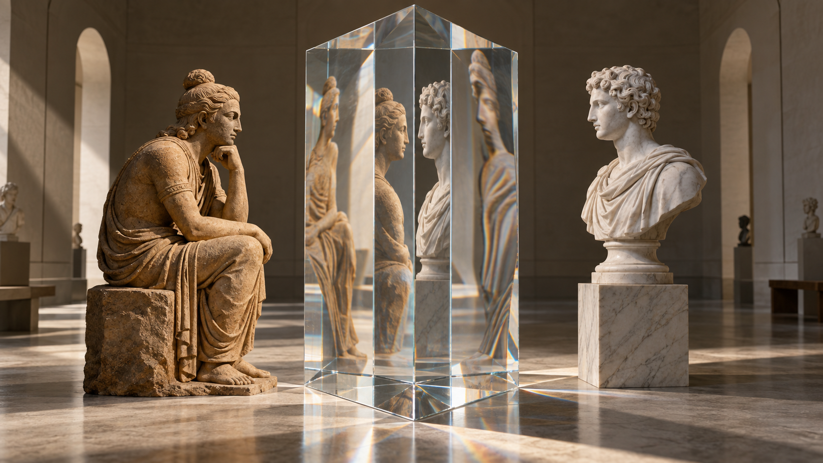 A sandstone Indian poet figure and a marble Mediterranean bust appear aligned through one side of a glass prism and distorted through another.