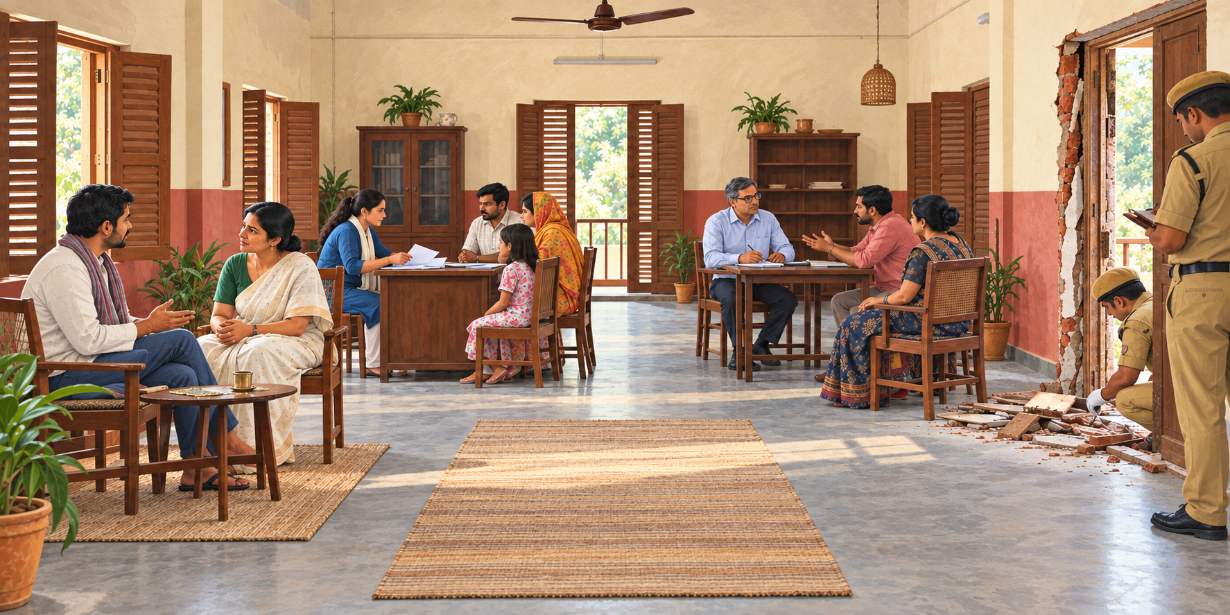 Four separated groups in a Bengal community hall depict a voluntary conversation, social assistance, a mediated dispute and officials examining a damaged doorway.