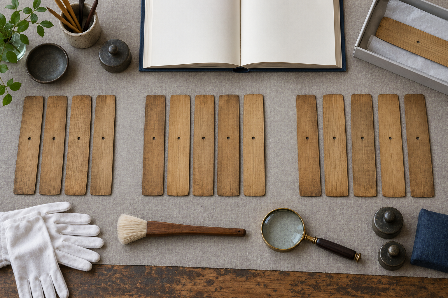Uninscribed palm-leaf folios with two gaps lie beside a blank modern book on a conservator's table.