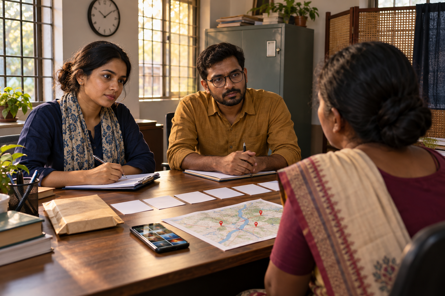 An investigator and community paralegal document a witness account beside blank timeline cards, an evidence envelope, a phone and an unlabeled map.