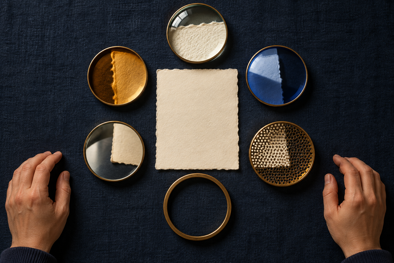 Six different viewing tools surround a blank folio while a reader's hands rest at the edge of the table.