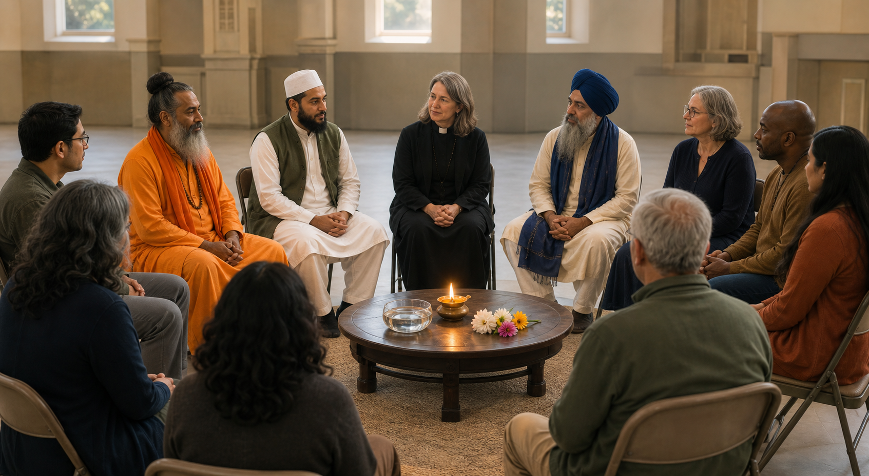 Representatives of several religious traditions sit in a listening circle around a lamp, water bowl, and flowers in a civic hall.