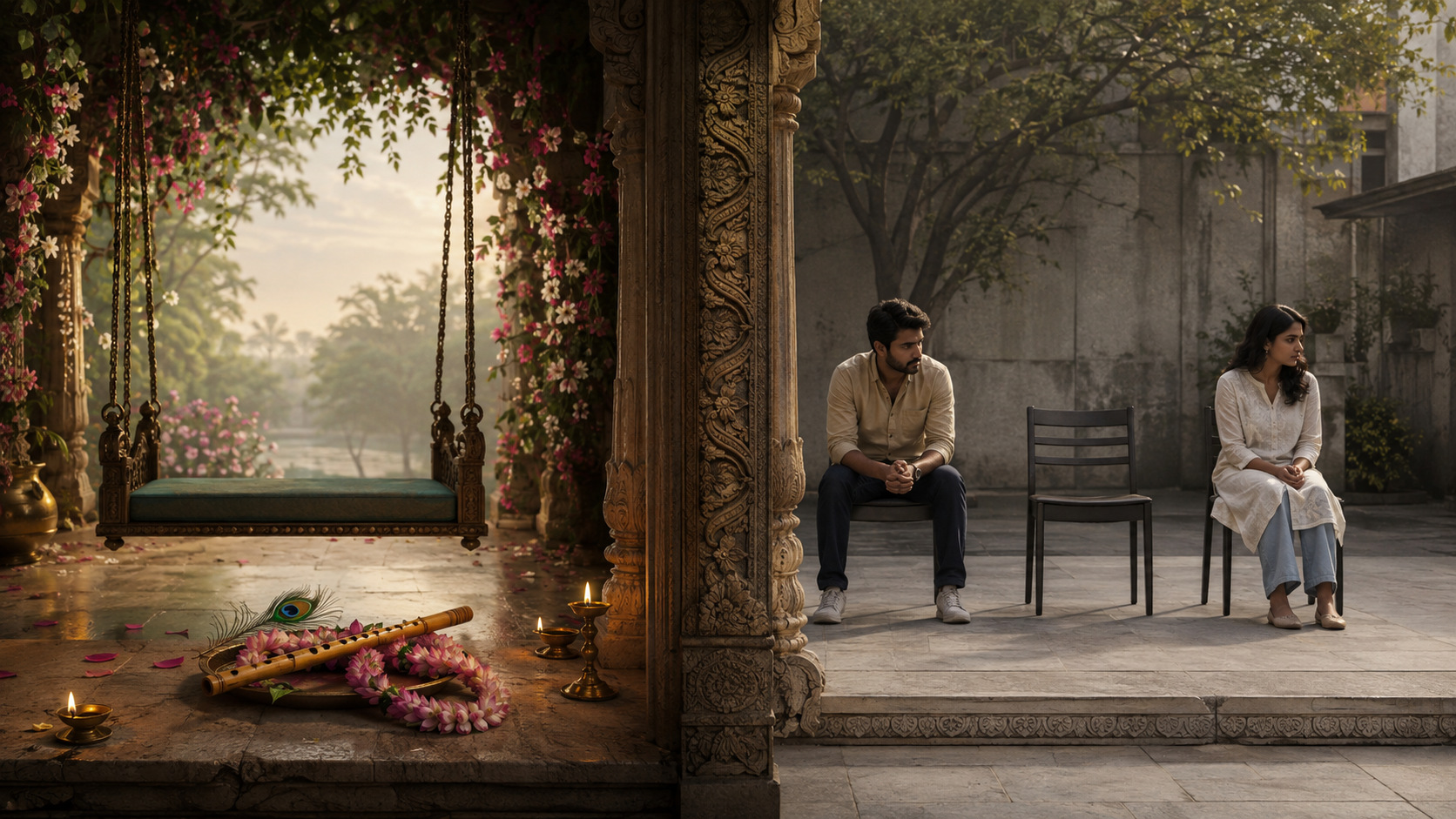 A devotional alcove with a flute, lotus garland, peacock feather, lamps, and an empty swing stands across a stone threshold from two adults sitting apart in an urban courtyard.