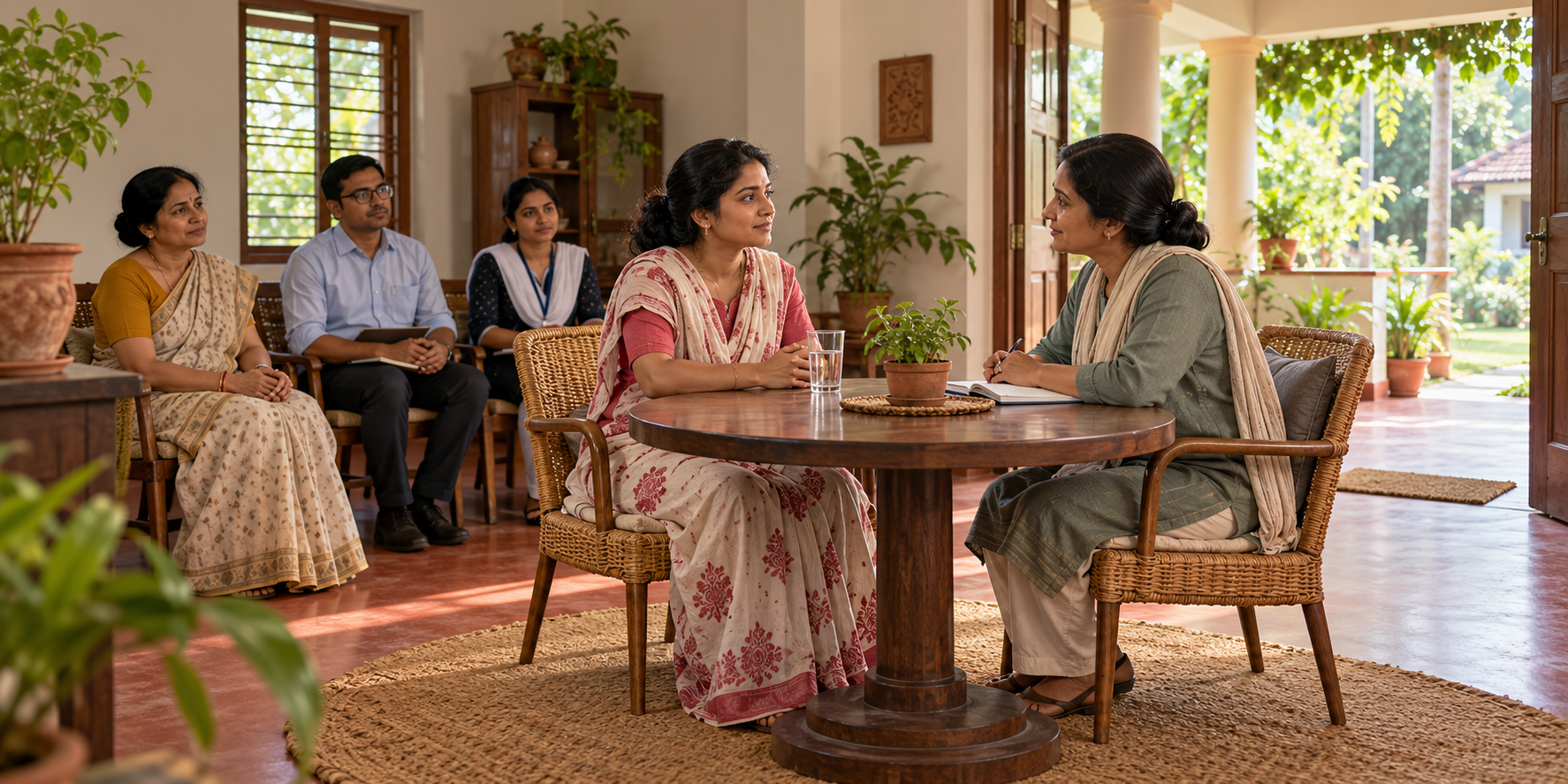 An adult sits at the centre of a support meeting while a counsellor listens and family, legal aid and safeguarding representatives wait nearby.